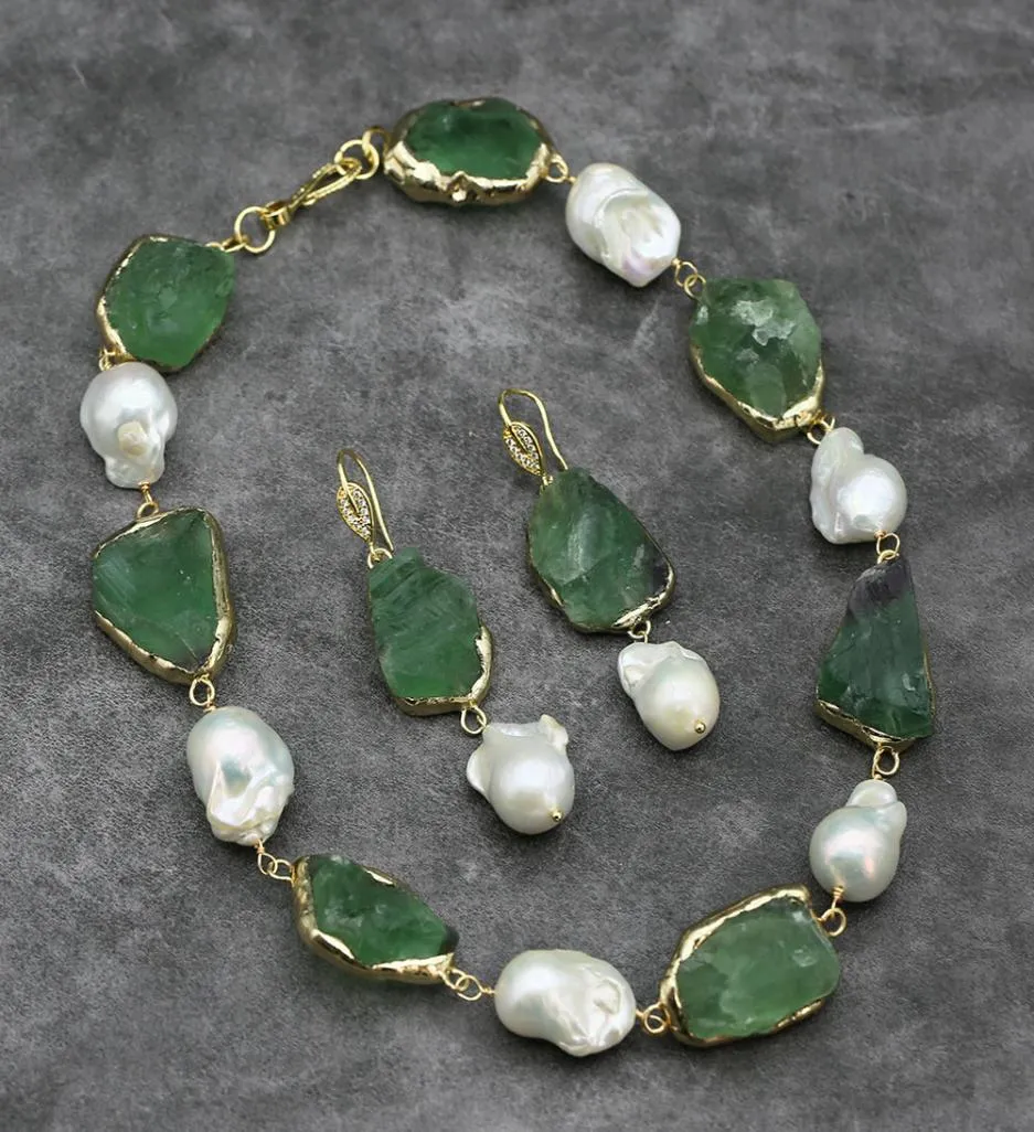 Naturlig grön fluorit grov rå riktig vit keshi pärlhalsband örhängen set handgjorda för lady gåvor3510114