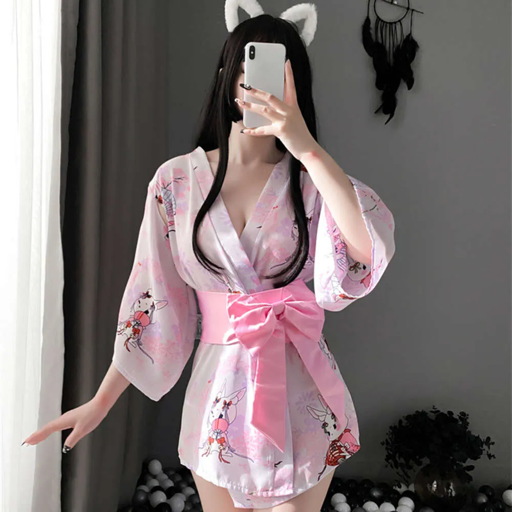 Summer Women's Sexy Pure Desire Chiffon Printed Dress Set Japanese Kimono Uniform Temptation Cosplay Anime Costume