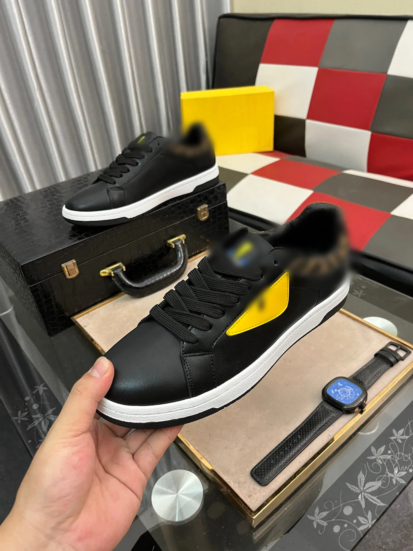 Luxury Mens Leather Sneakers: Designer Print, Lace-Up, Yellow