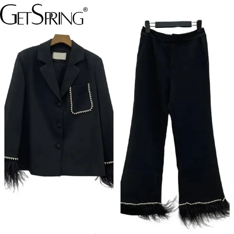 女性S二枚パンツGetSpring Women Pant Suits2023秋の装飾羽ステッチブラックブレザーコートロングストレートピース231208