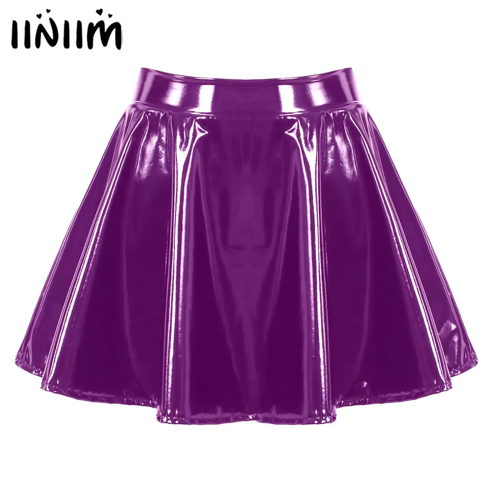 Skirts Womens Glossy Patent Leather Flared Miniskirt Dance Performance Invisible Zipper ALine Mini Clubwear Cosplay Costume 231208