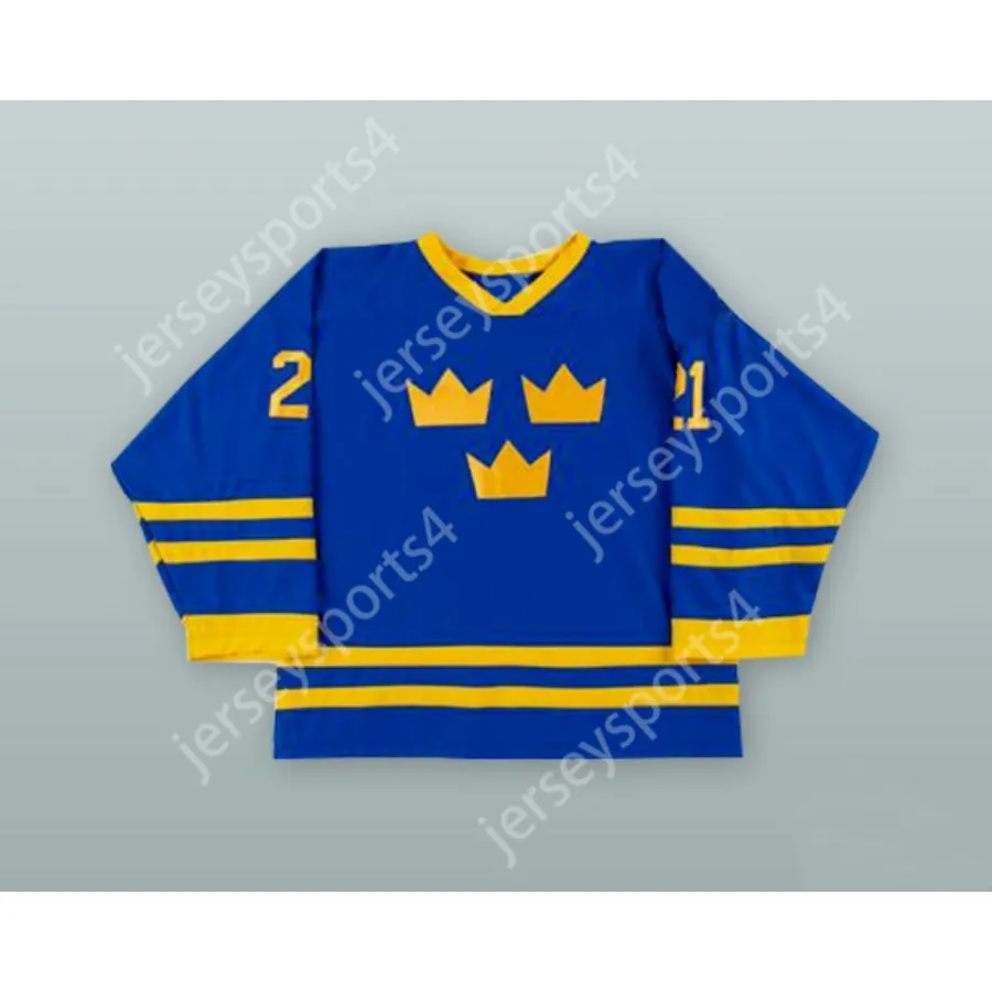 Maillot de hockey personnalisé bleu Peter Forsberg 21 de l'équipe nationale de Suède, nouveau haut cousu S-M-L-XL-XXL-3XL-4XL-5XL-6XL