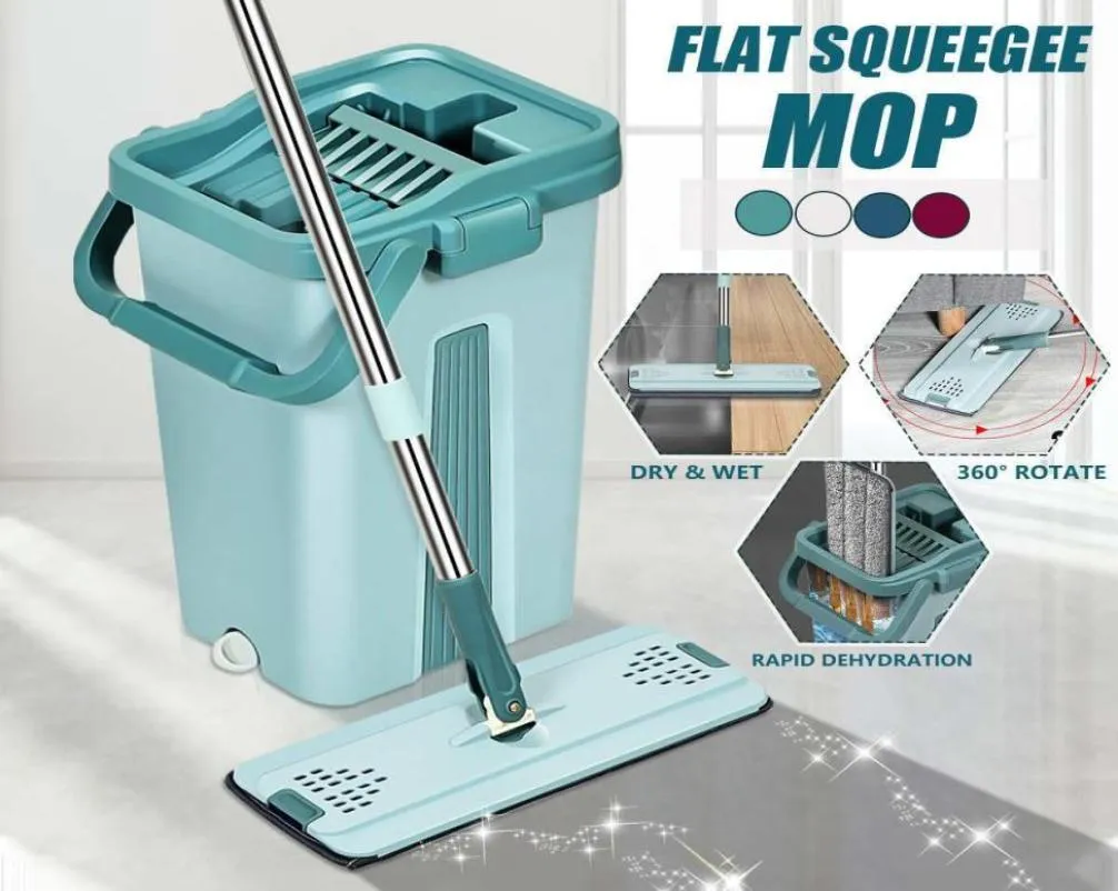 1Set Flat Squeeze Mop and Bucket Hand Wringing Floor Cleaning Mop 360 Roatation Automatic Spin Mop Pads Wet Dry Usage LJ2017775094