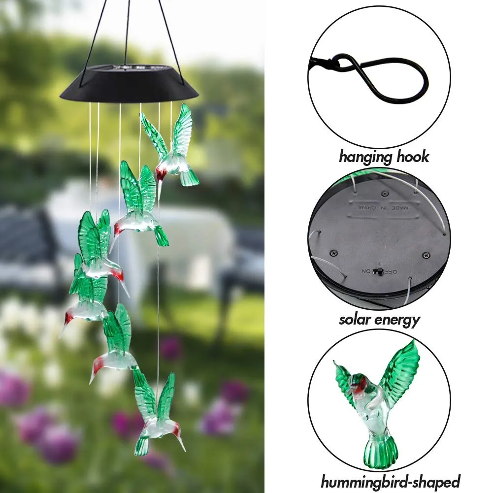 Carillón de viento Solar LED con forma de colibrí, carillón de viento colgante móvil de 25 "para decoración del jardín del hogar, luz automática que cambia de color