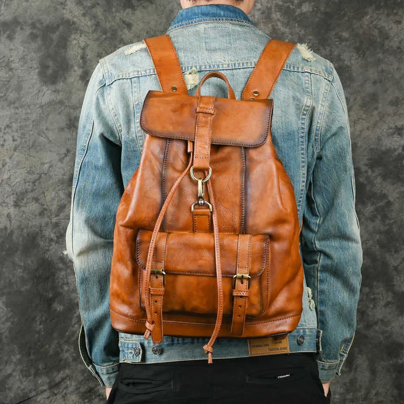 Antik trend belirleyici el boyalı ağaç krem ​​deri sırt çantası gündelik seyahat deri sırt çantası 14 inç dizüstü bilgisayar çantası 231115