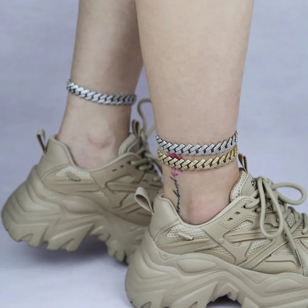 Anklets Fashion Y Metal Chain Anklet For Women Men Iced Out Bling CZ Gold Silver Color Cuban Foot Punk Hip Hop Rock Jewelry 231208