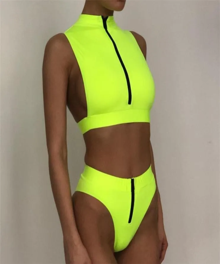 Cintura alta zíper brasileiro neon bikini 2020 banho feminino bandeau maiô push up maiô verão banhistas biquini3162592