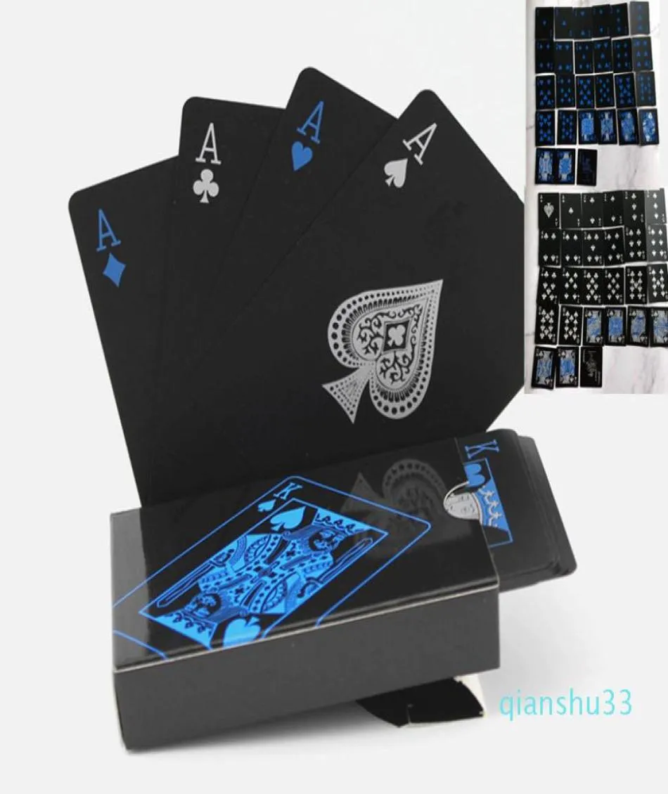 Cartes de Poker en PVC noir pur résistant à l'eau, cartes noires pures, police bleue argentée, cartes à jouer magiques 63mm 88MM 140g4496346