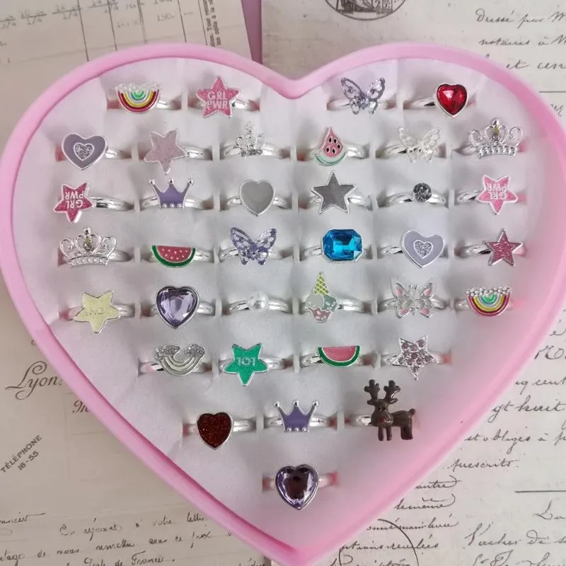 Cluster Rings 12pcs/36pcs Cute Sweet Mixed Color Enamel Star Crown Rainbow Butterfly Girls Kids Cartoon Adjustable Party Gifts