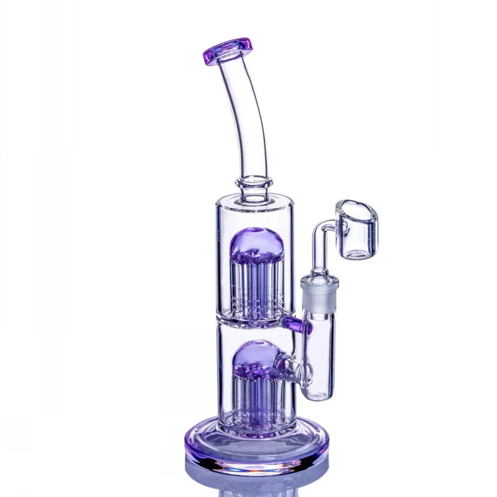 Glass Hookahs Double Chamber Arm Tree Perc Bongs Diffuser Water Pipes Oil Burner Bubbler Dab Rig Shisha with Banger 14mm Joint Blue Purple Dark Green Color