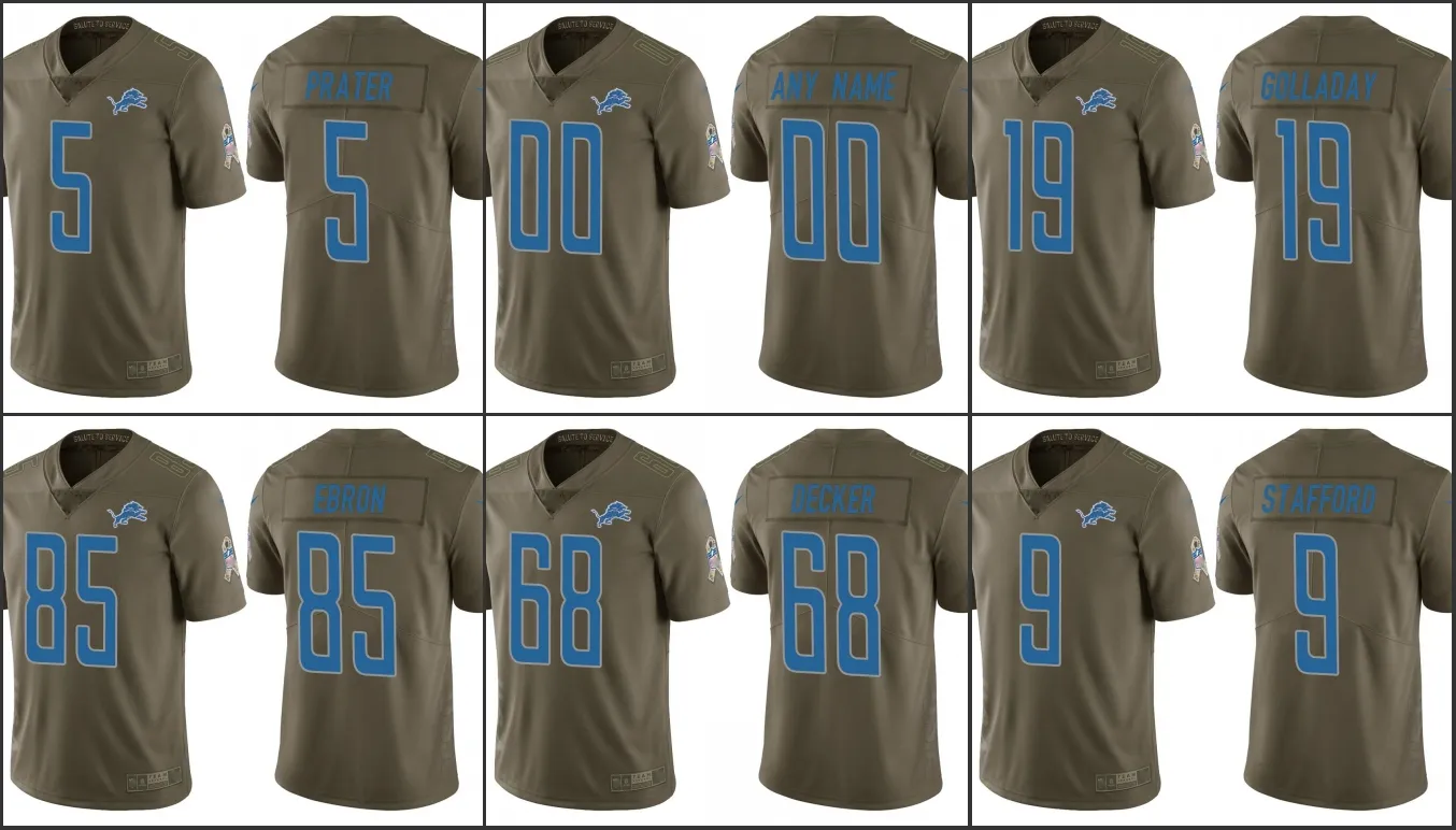 Detroit''lions'men 9 Matthew Stafford 19 Kenny Golladay 5 Matt Prater Custom Women Młodzież Salute to Service Olive Jersey