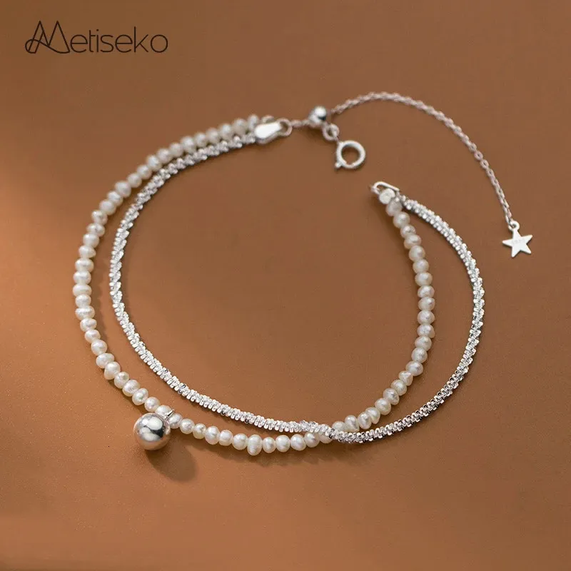 Perlé Metiseko Mini Bracelet de Perles d'Eau Douce Naturelles Perles Double Couche Bracelet de Chaîne en Argent 925 avec Boule Ronde Brillant Mode 231208