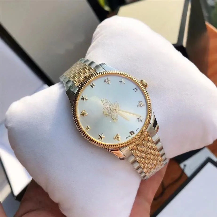 Mode hoge kwaliteit 36mm 29mm unisex dameshorloge quartz uurwerk horloge roestvrijstalen kast bee patroon tweedehands geen box214S