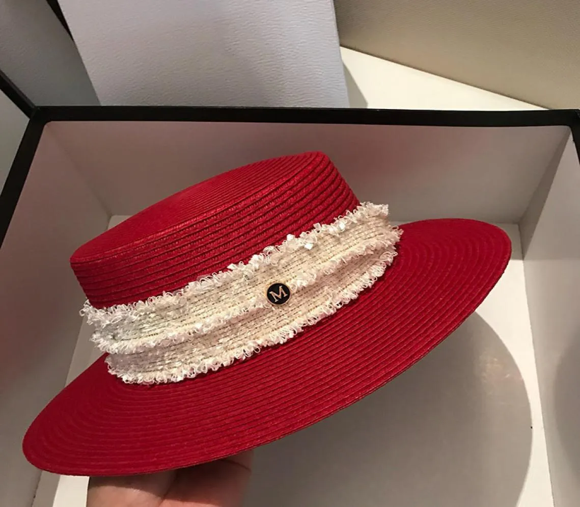 Fashion Red Women Straw Hats Vintage Style Wide Brim Hat Högkvalitativ solskydd Flat Hats7837261