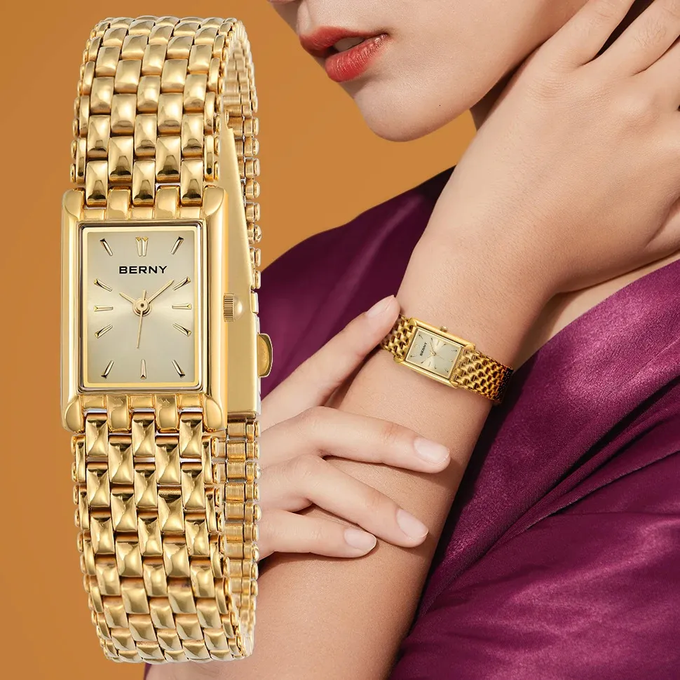 Autres montres BERNY Montre en or pour femmes Montre-bracelet de luxe pour femmes Étanche Golden Femme Horloge Quartz En acier inoxydable Mode Dames Montre 231208