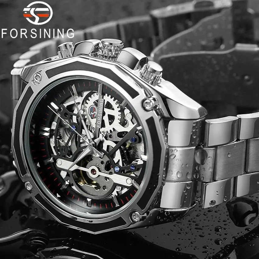 Forsining Men Watch Stainless Steel Military Sport Wristwatch Skeleton Automatic Mechanical Male Clock Relogio Masculino 0609 Y190273b