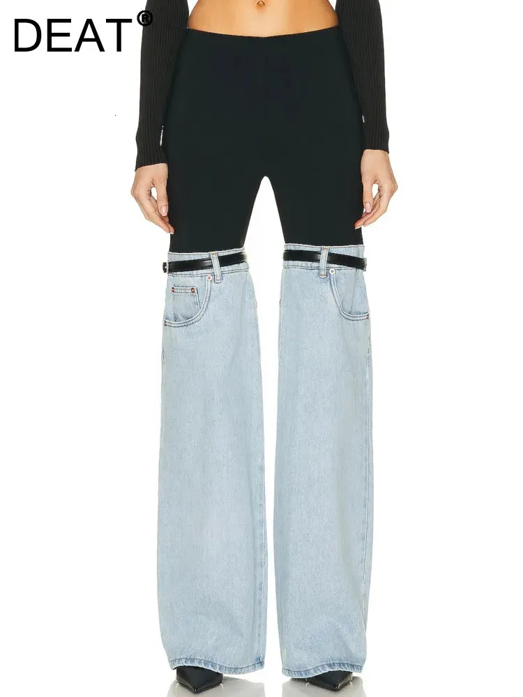 Jeans para mujer DEAT Moda Jeans para mujer Cintura alta Recta Patchwork PU Hebilla de cuero Streetwear Pantalones de mezclilla Tendencia de primavera 17A2013H 231208