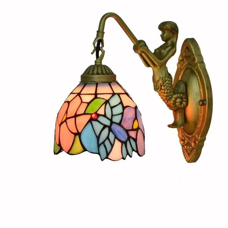 Retro Tiffany Wall Lamp Vintage Stained Glass Wall Lamps Flowers And Butterfly Living Room Dining Room Bedroom Aisle Bright Balcon237C