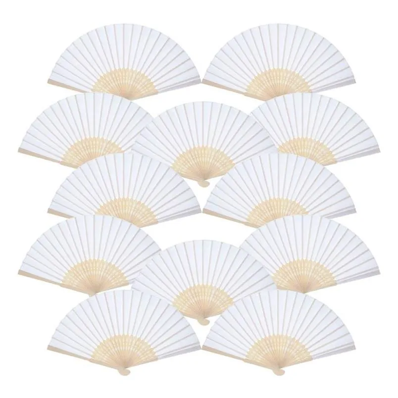 Confezione da 12 ventagli tenuti in mano Bomboniera Ventaglio di carta bianca Ventagli pieghevoli in bambù Palmare piegato per regalo di nozze in chiesa1995