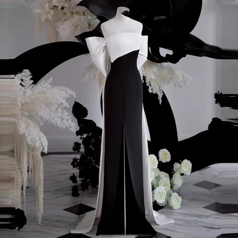 Elegant Evening Dress 2024 Bow Appliques Backless Mermaid Strapless Floor Length Black White Side Slit Formal Prom Party Gowns for Women Robe De Soiree Custom Made