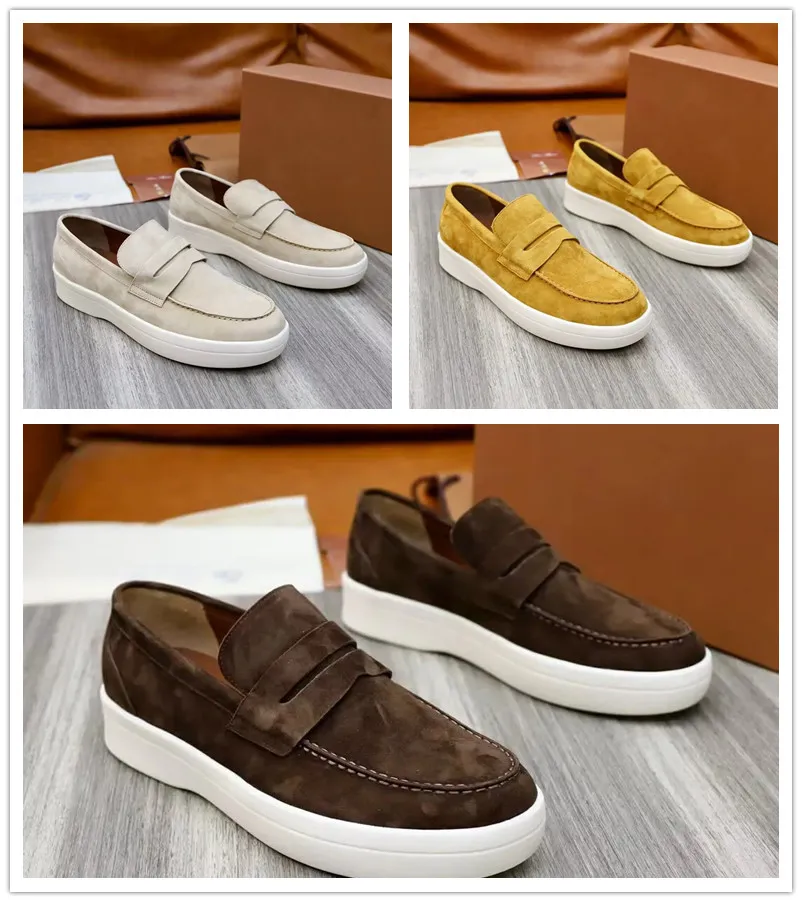 Mükemmel Beyefendi Takılar Yürüyüş Erkekler Sıradan Ayakkabı Travis LP Loafers Düz Düşük Üst Süet İnek Deri Oxfords Moccasins Kauçuk taban kutusu EU38-46