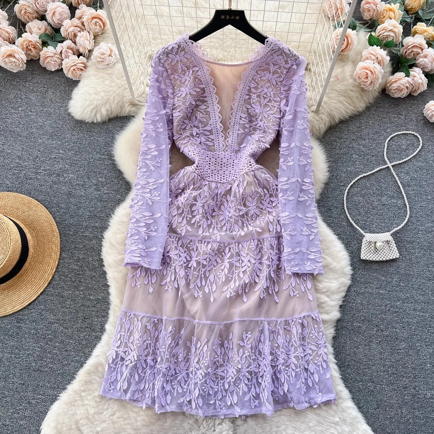 Casual Dresses High Quality Lilac Purple Lace Patchwork Mesh Dress For Women Vestidos elegantes para mujer Embroidery See-through Slim Dress 2024