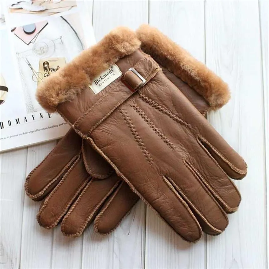 Sheepskin Fur Gloves Men's Thick Winter Warm Large Size Outdoor Windproof Cold Hand Stitching Sewn Leather Finger Gloves 2112272T