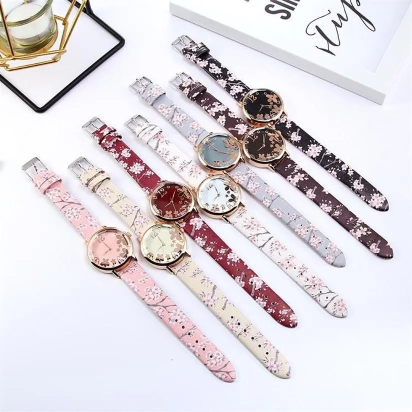 Montres-bracelets 1 pcs femmes montre à quartz cadran floral avec bracelet en cuir PU imprimé M8694295V