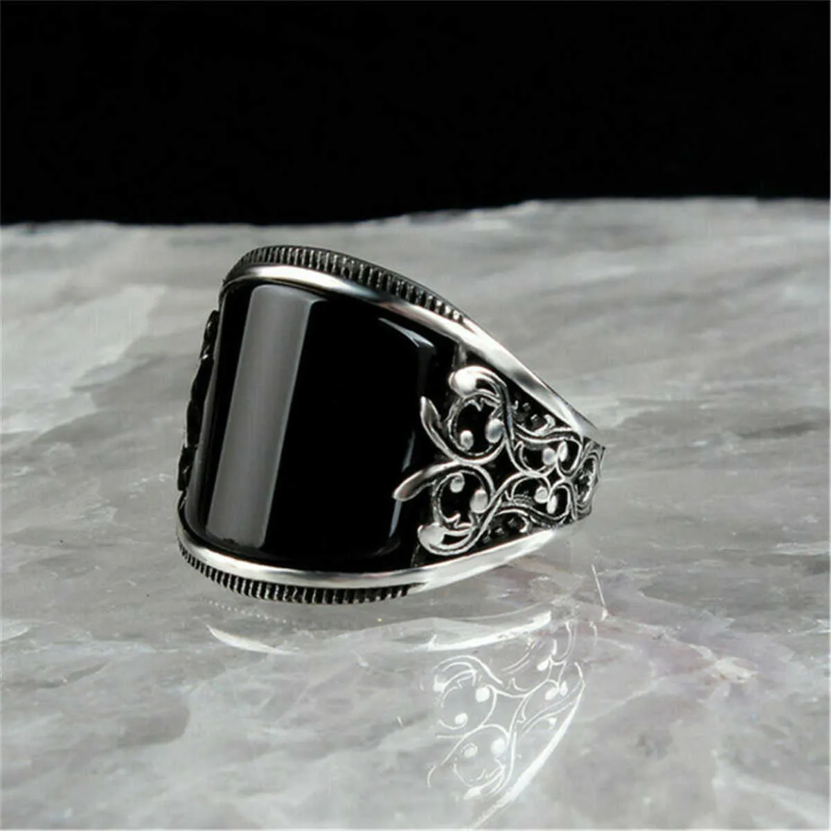 Fashion Men Women Metal Silver Ring Jewelry Black Dripping Oil Pattern Ring Size 7-12