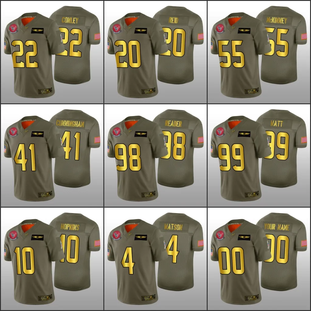 Houston''texans''men 99 J.J. وات 4 Deshaun Watson 22 Gareon Conley Custom Women Youth Olive Golden Jersey Salute to Service