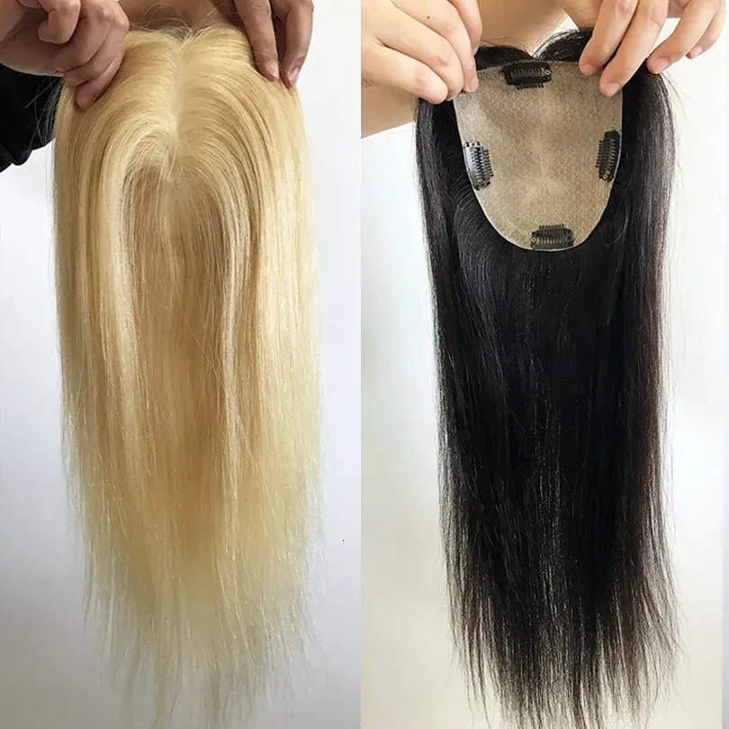 Lace Wigs 12x13cm 613 Blonde zijdebasis Maagd Human Hair Pieces Natuurlijke zwarte topper voor vrouwen 15x16cm clips in 231208