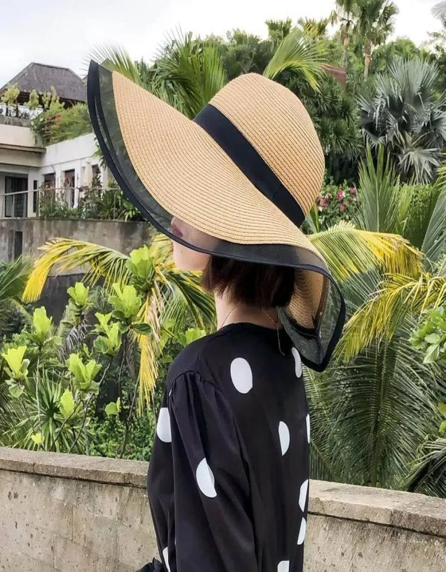 Breda randen hattar sommarstrån stor sol för kvinnor UV -skydd Panama Floppy Beach Ladies Lace Hat Chapeau3134467
