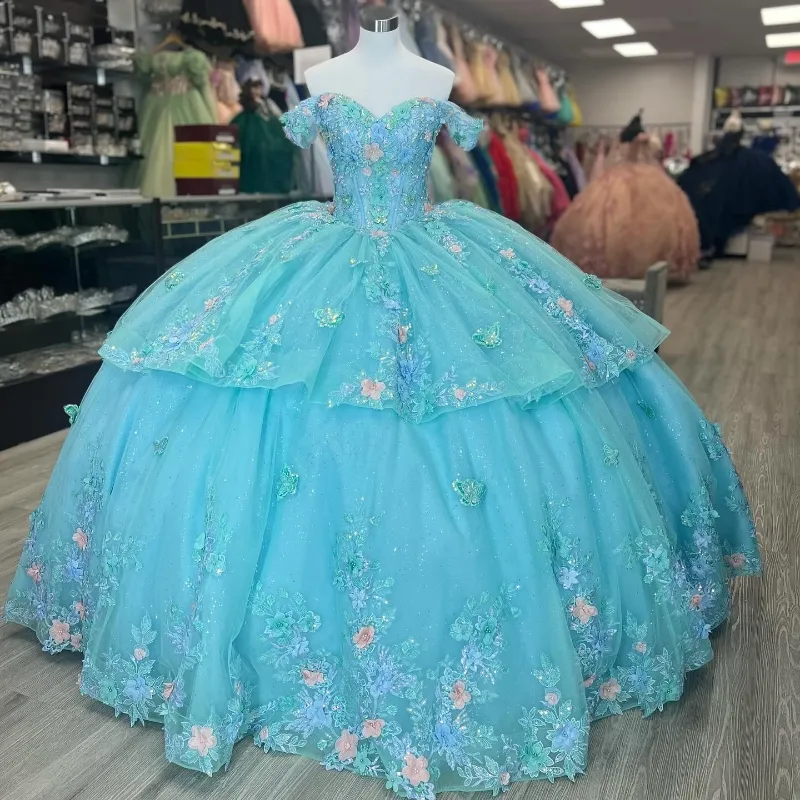 Abito da Quinceanera con applicazioni di paillettes blu acqua con fiocco in pizzo e spalle scoperte Abito da ballo 2024 con strascico in tulle Abito da principessa per feste