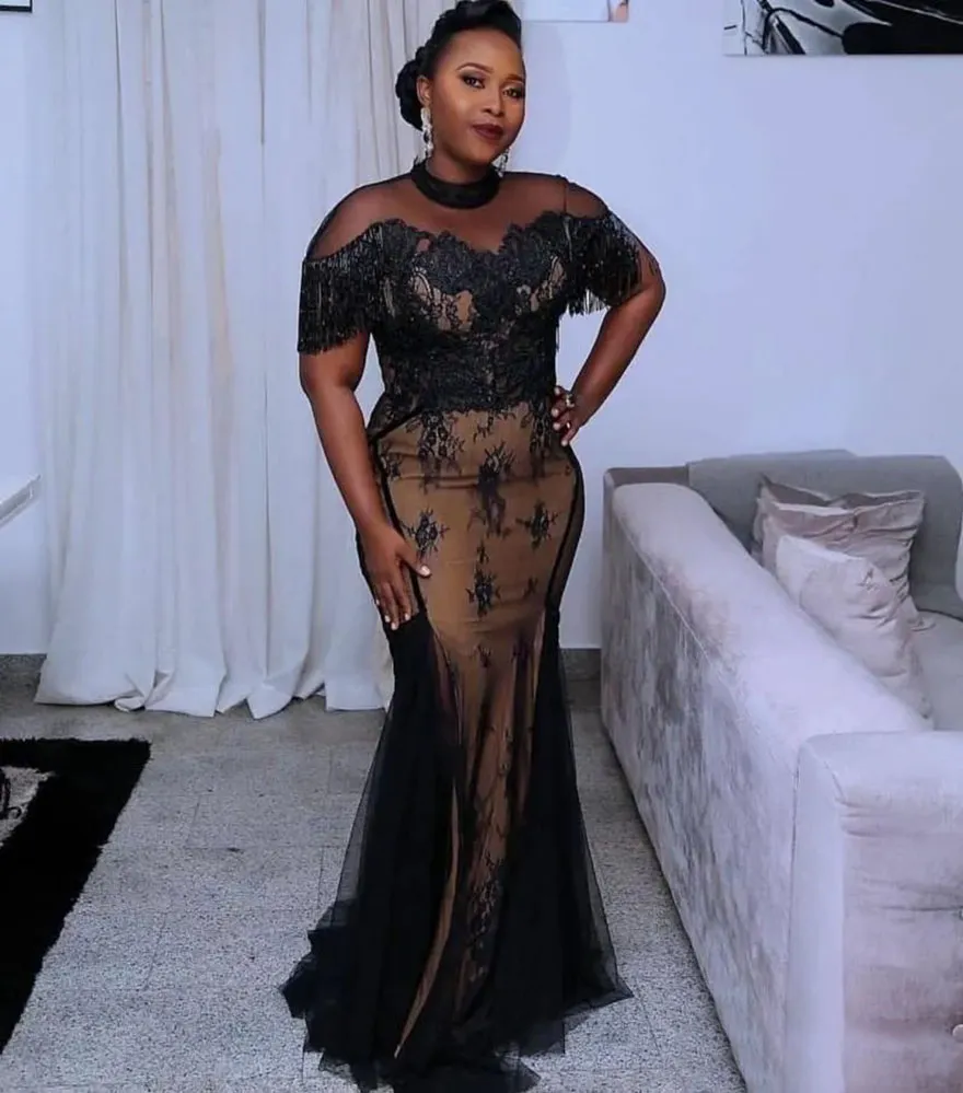 black lace tulle long prom gown black evening dress A-Line Black High Neck Tulle Long Prom Dress, Black Evening Dress Custom Size / Custom Color main image 1