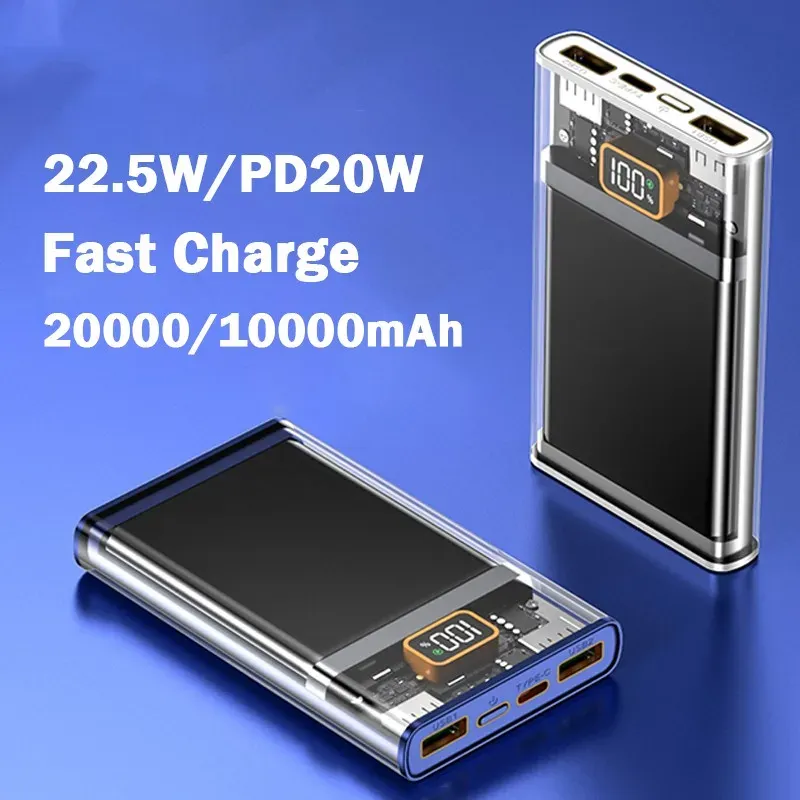 20000mAh Power Bank 22.5W Tipo C Powerbank portatile a ricarica rapida 10000mAh Mini caricabatterie trasparente bateria externa carga rapida