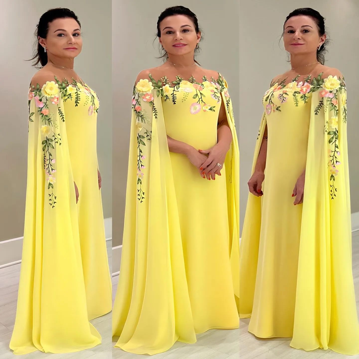 Ebi Nov Aso Arabisch gerade gelb Die Braut Kleider Chiffon Spitze Abend Prom formelle Party Geburtstag Promi Mutter von Bräutigamkleidern Kleid ZJ