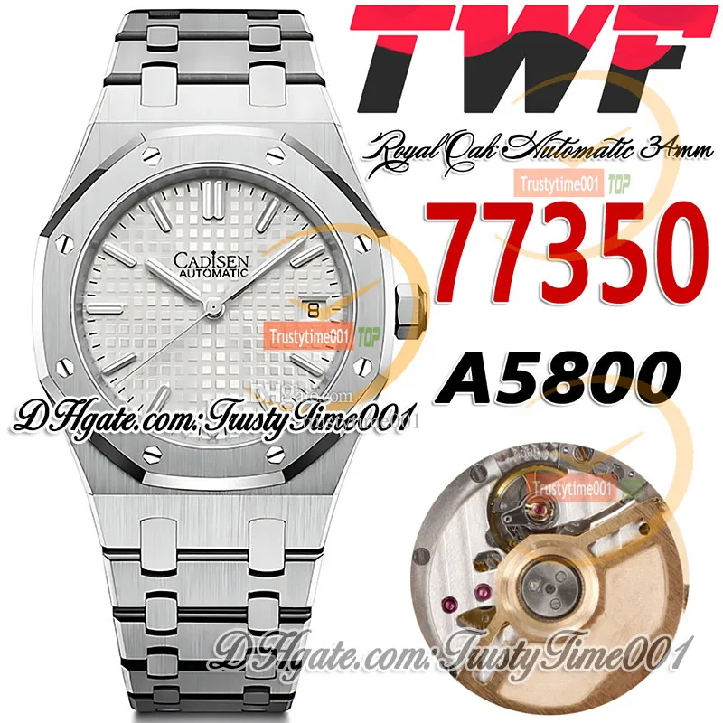 TWF 34mm 77350 A5800 Relógio automático feminino 50º aniversário branco texturizado dial stick marcadores pulseira de aço inoxidável super edição relógios femininos trustytime001