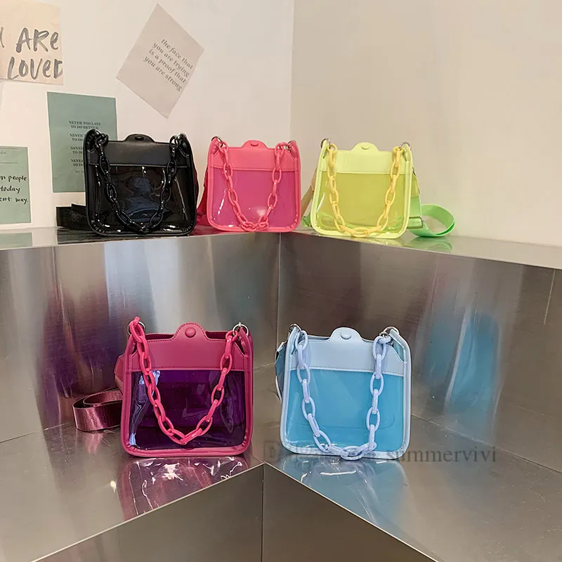 Girls candy color jelly chain handbags kids waterproof transparent single shoulder bag children messenger bags Z5892