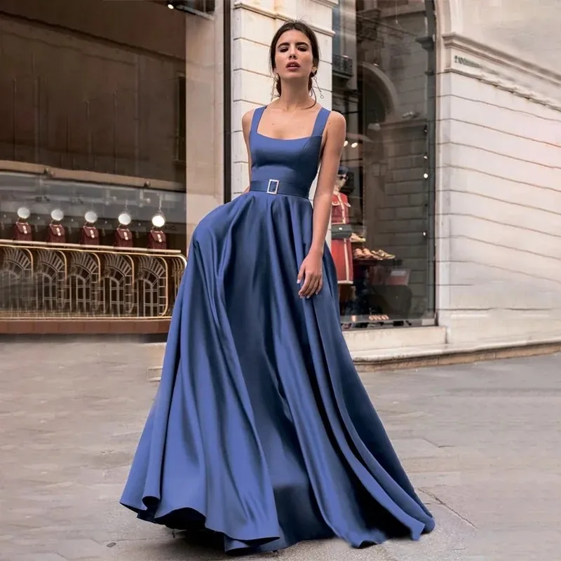 Elegant Dark Blue A-Line Evening Dress Square Neck Straps Back Sleeveless Sweep Train Formal Prom Party Gowns for Women Robe De Soiree Custom Made