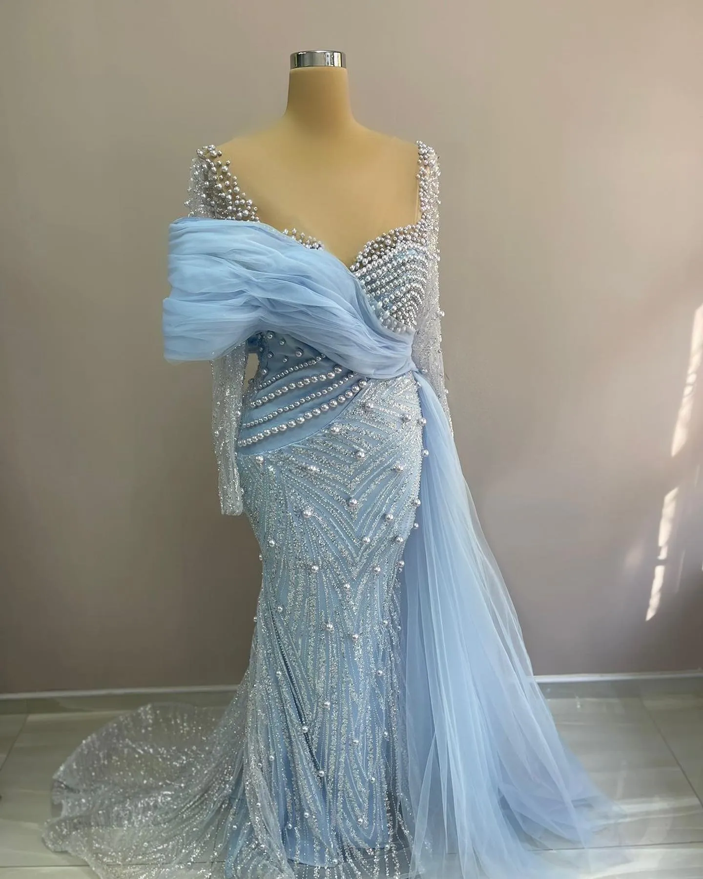 2023 Nov Aso Ebi Arabic Light Sky Blue Mermaid Mother Of The Bride Dresses Sequined Lace Evening Prom Formal Party Birthday Celebrity Mother Of Groom Gowns Dress ZJ040