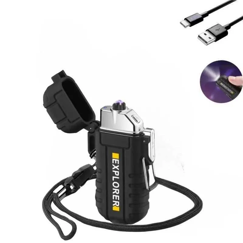 Wasserdichtes Plasma-Feuerzeug mit Taschenlampe, maßgeschneiderter winddichter Lichtbogen-USB-Überlebenspfeife und Umhängeband für den Außenbereich