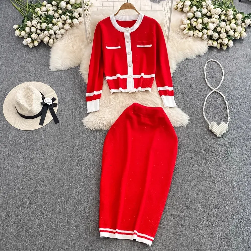 Two Piece Dress Autumn Winter Striped Knitted Two Piece Set Women Christmas Pearls Single Breasted Sweater Coat And Straight Midi Skirt Suits 2024