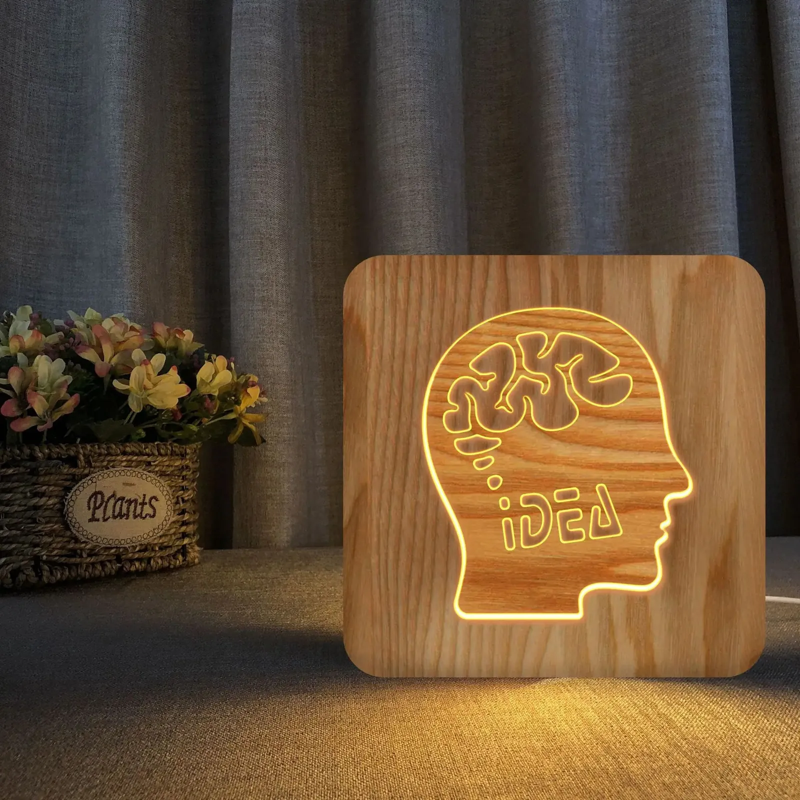 Nyhetsartiklar Novelty Brain Shape 3D LED TRÄLAMP USB Trä ihålig snidbordslampa Creative Gift for Kids Home Decoration Lighting 231208
