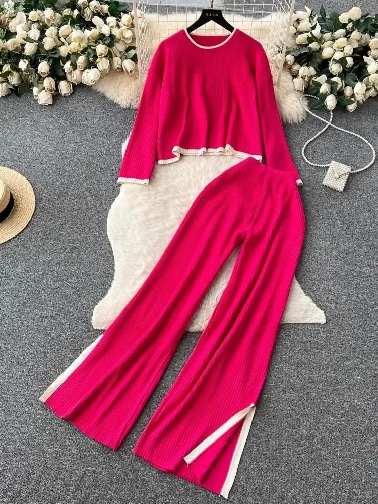 Womens Two Piece Pants Autumn Winter Contrast Color Knitted Set