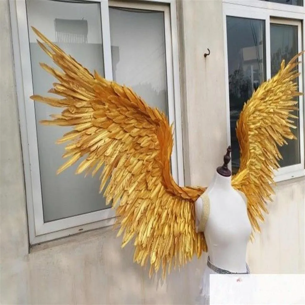 Newcostumed Güzel Altın Angel Tüy Kanatları 185cm Peri Kanatları Dans Pografi Ekran Partisi Düğün Süslemeleri236H