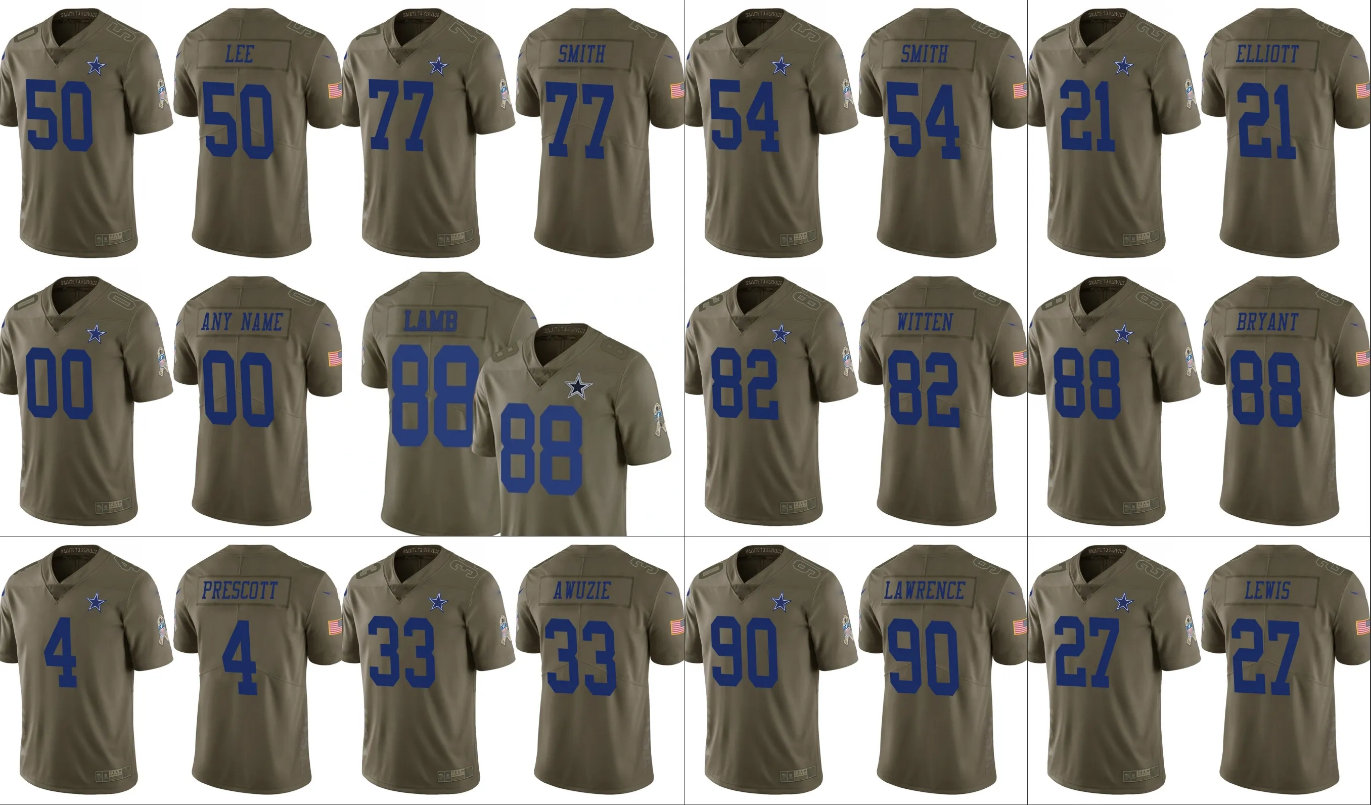 Dallas''Cowboys''Men 88 CeeDee Lamb 4 Dak Prescott 82 Jason Witten Custom Women Youth Salute to Service Olive Jersey