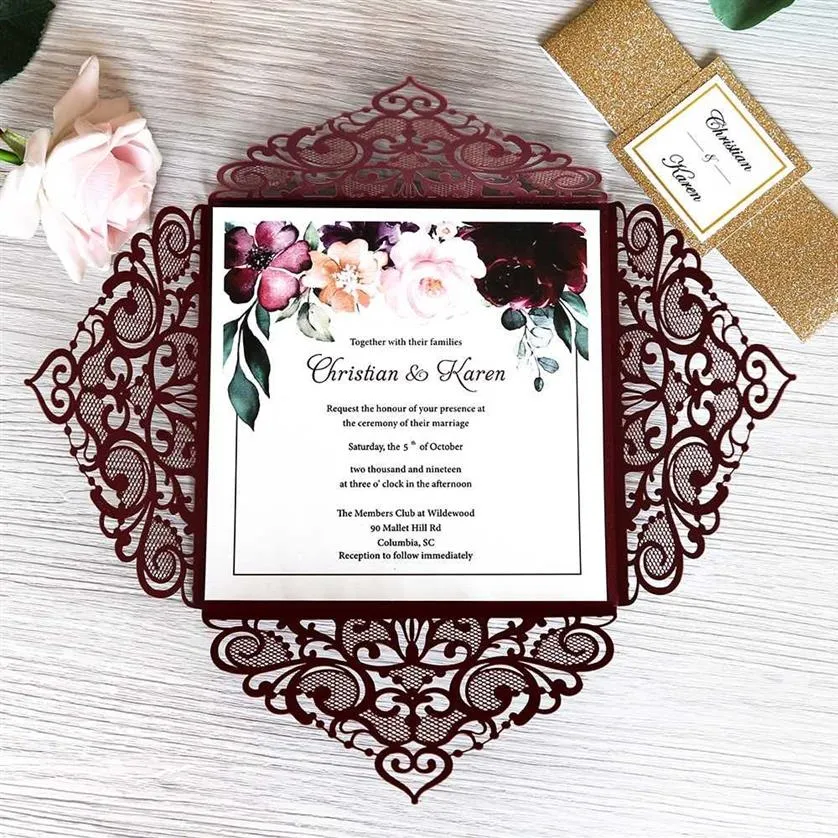 50 pcs Burgundy Silver White Gold Glitter Laser Cut Wedding Invitation with Envelope Party University Invitation Card3314