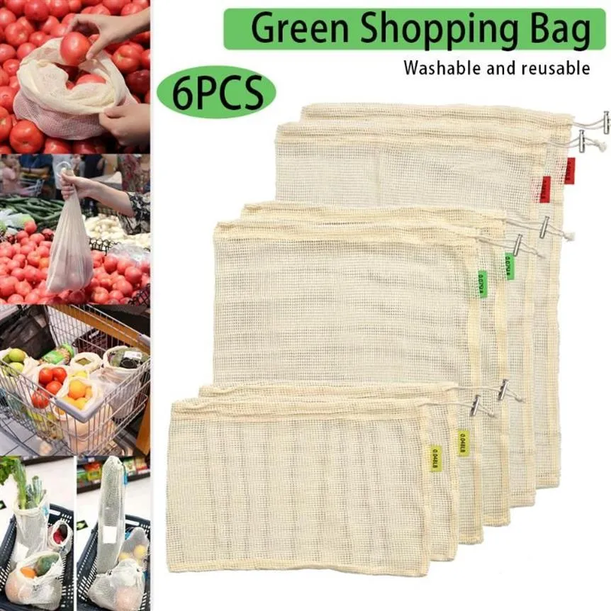 6Pcs set Reusable Mesh Produce Bags Non Plastic Cotton Vegetable Bags Washable See-through Drawstring For Shopping FP296W