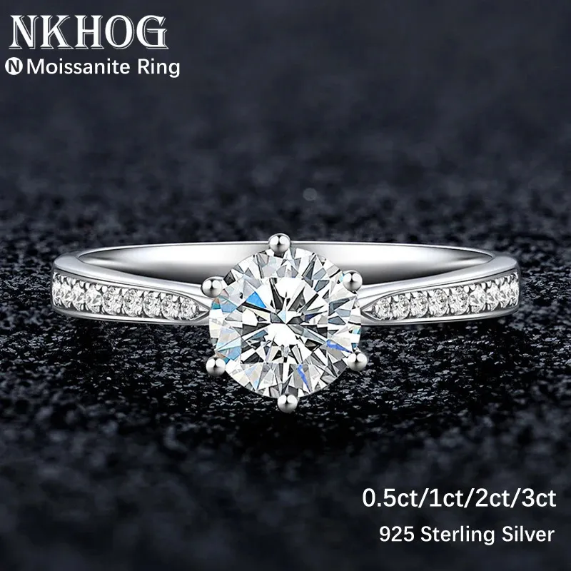 Bröllopsringar Nkhog Real 3 karatringar för kvinnor 925 Sterling Silver Classic 6 Claws Engagement Band Jewelry Romantic Wedding Ring 231208