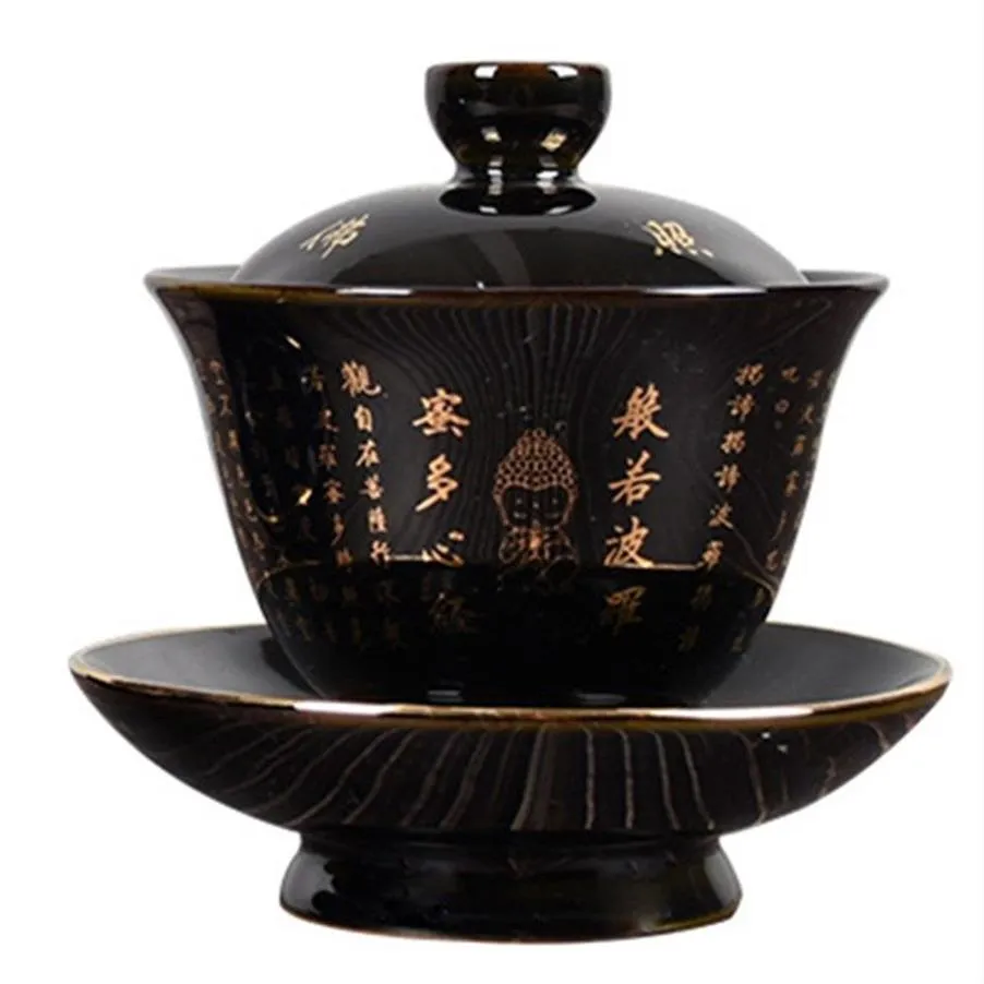 Ceramica Zen Gaiwan Buddha Smalto Porcellana Zuppiera da tè Colore blu e nero Creativo Vintage Kung Fu Ciotola Tazza e piattino253i